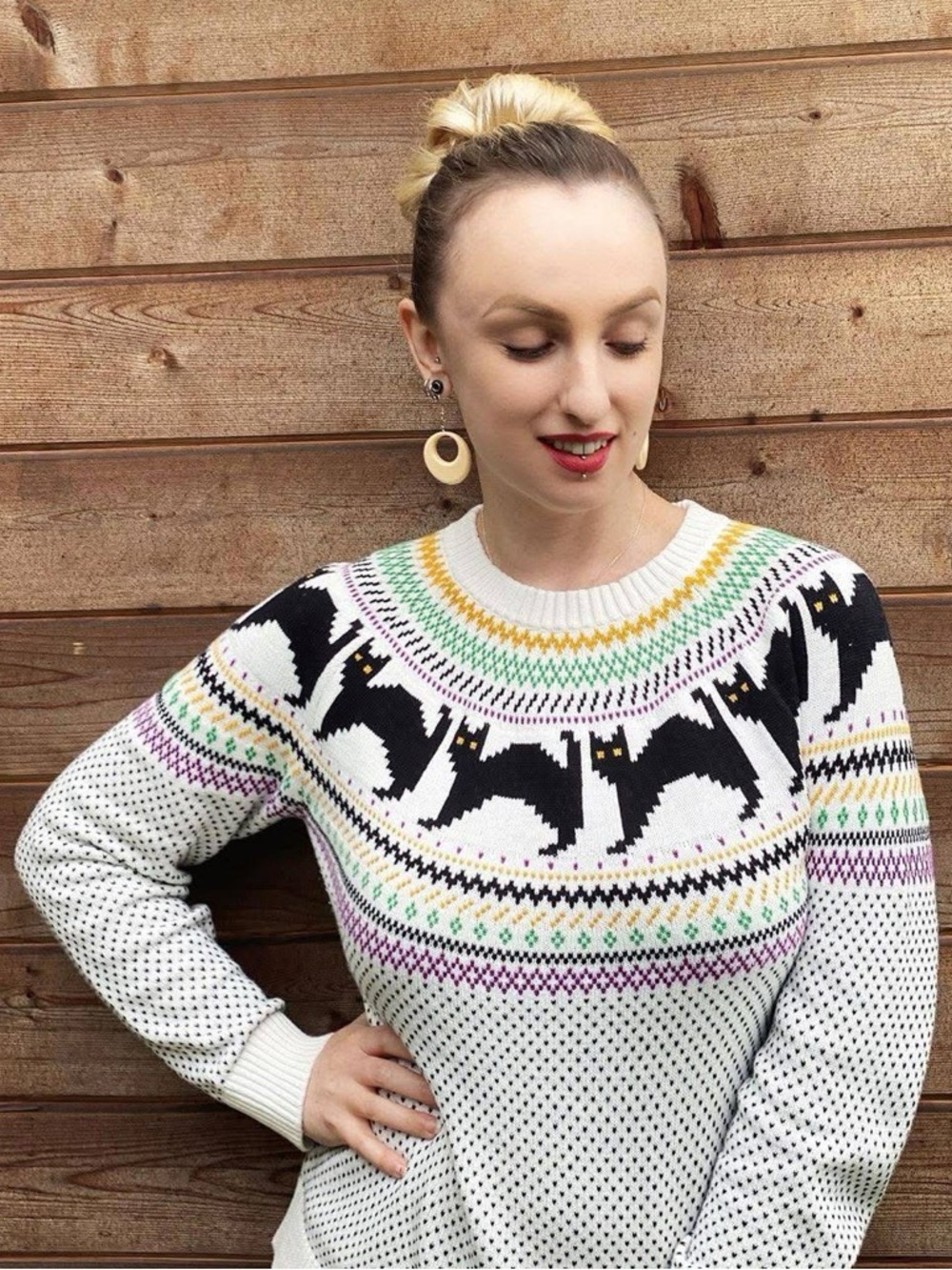 Modcloth NWT Scaredy Cat Crewneck Fair Isle Black Cat Motif Sweater Halloween